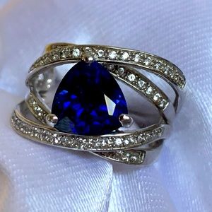 Gorgeous Real Diamond and (IOLITE?) Sterling Silver Bypass Ring sz 7